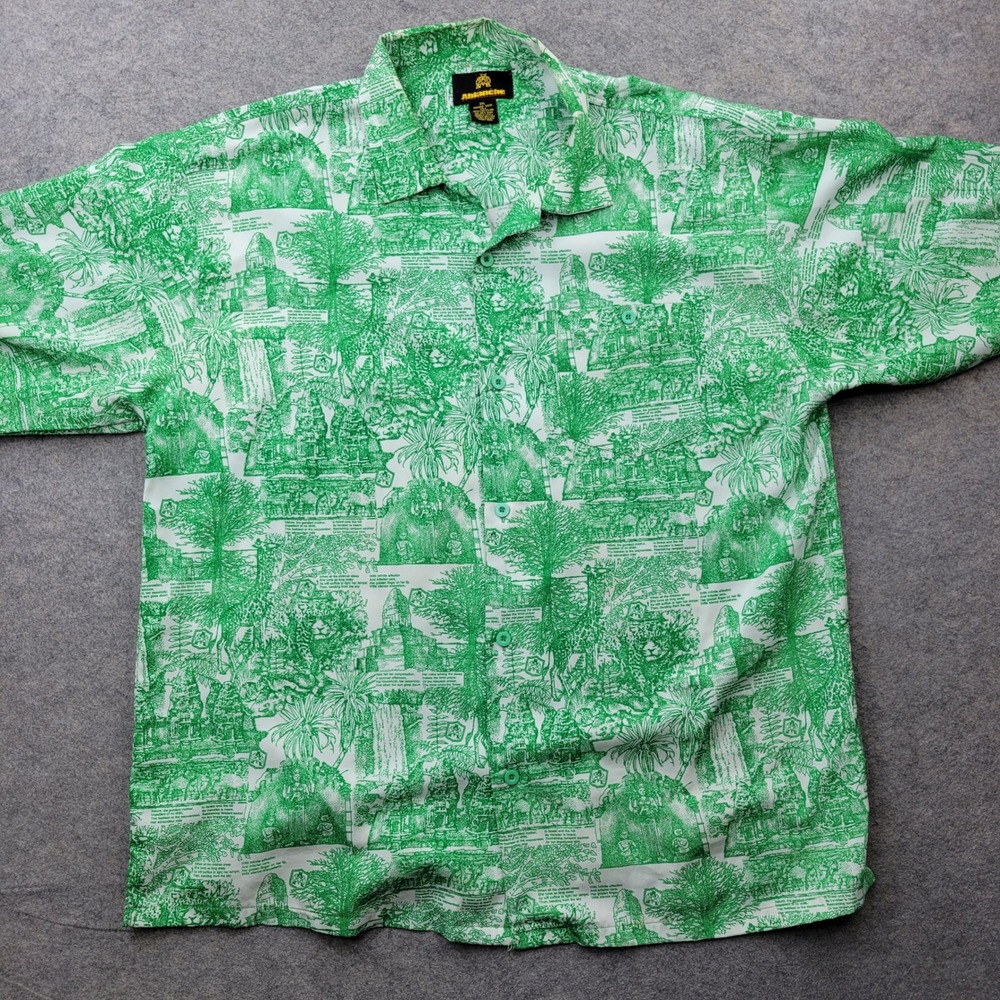 Ablanche Style Challenger Mens 2XL Green White Jungle Ruins Graphic Button Shirt